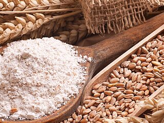 Zdjęcie przedstawia ziarno, mąkę i ziarna zbóż